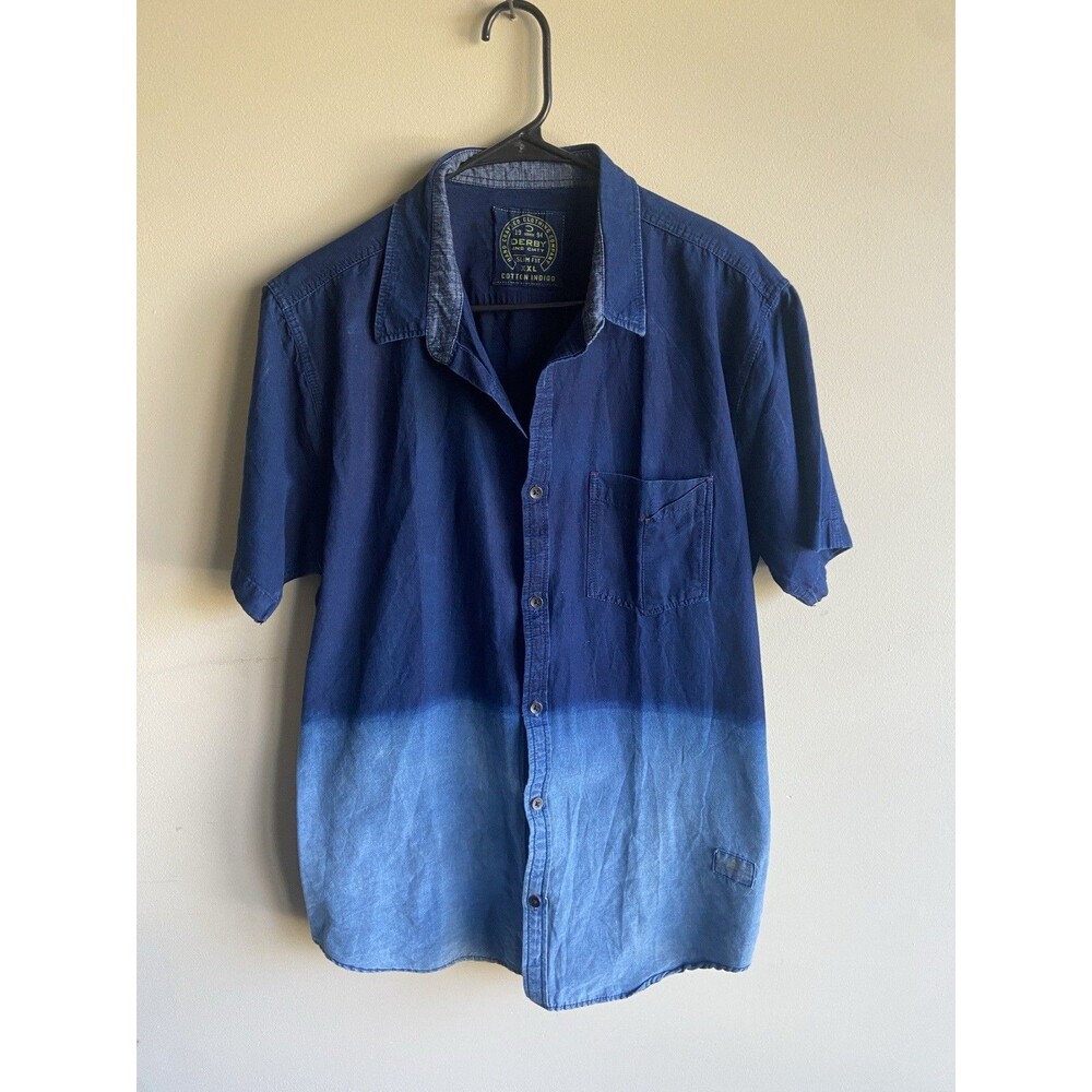 Derby County Button Up Camp Shirt mens Slim Fit XXL Ombre Blue Pocket Chambray